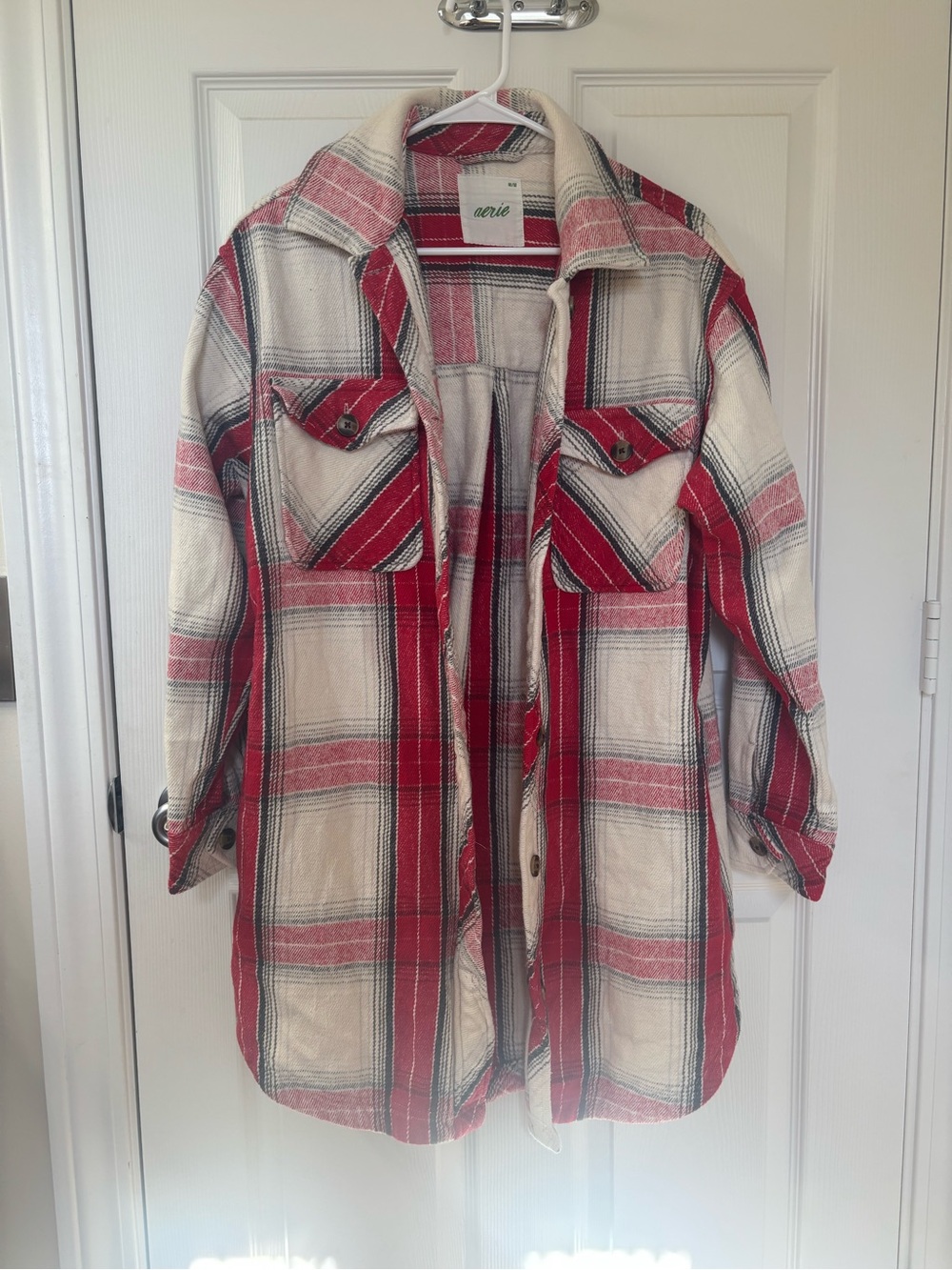 Aerie Oversized Plaid Thick Flannel Shacket Long Red Gray Size M Striped Coat